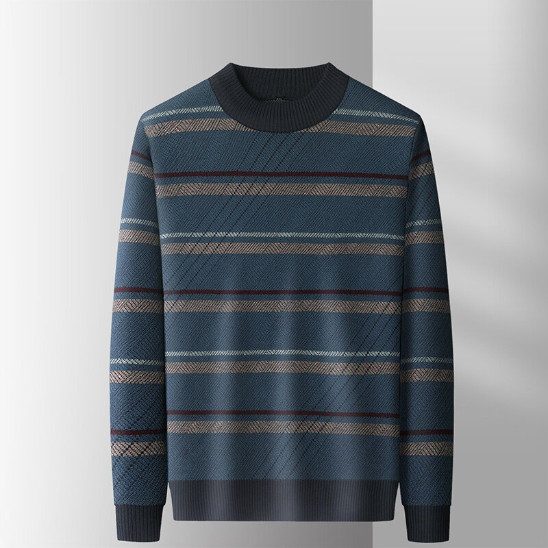 Suéter listrado contrastante masculino, pulôver de tricô espesso casual coreano, de alta qualidade, outono, inverno, novo