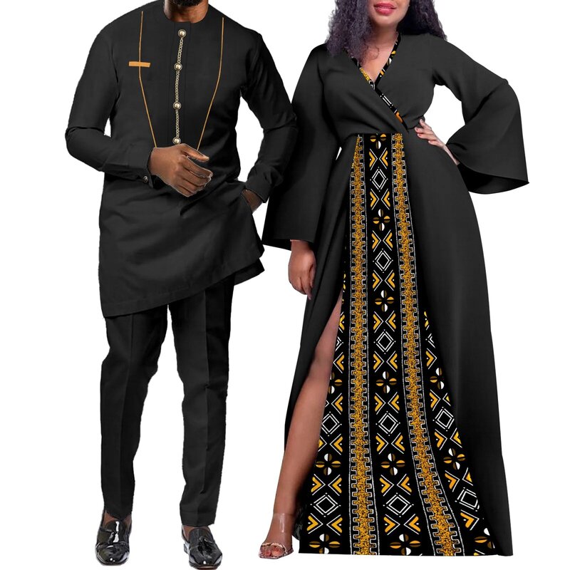 African Couple Matching Clothes Mens Wedding Dashiki Suits Top Pants Outfit and Womens Africa Print Maxi Party Dresses