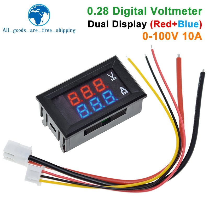Tzt-デジタル電圧計dc,0-100v,10a,電流計,デュアルディスプレイ,電圧検出器,電流計,パネル,0.28インチ,赤と青のled