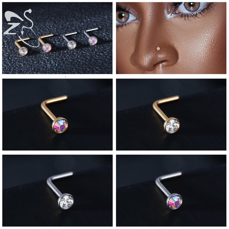 ZS 3-4Pcs/lot Gold Color Stainless Steel Nose Stud Set Heart Star Round Crystal Nose Piercing L Shape Nostril Piercing 18g/20g