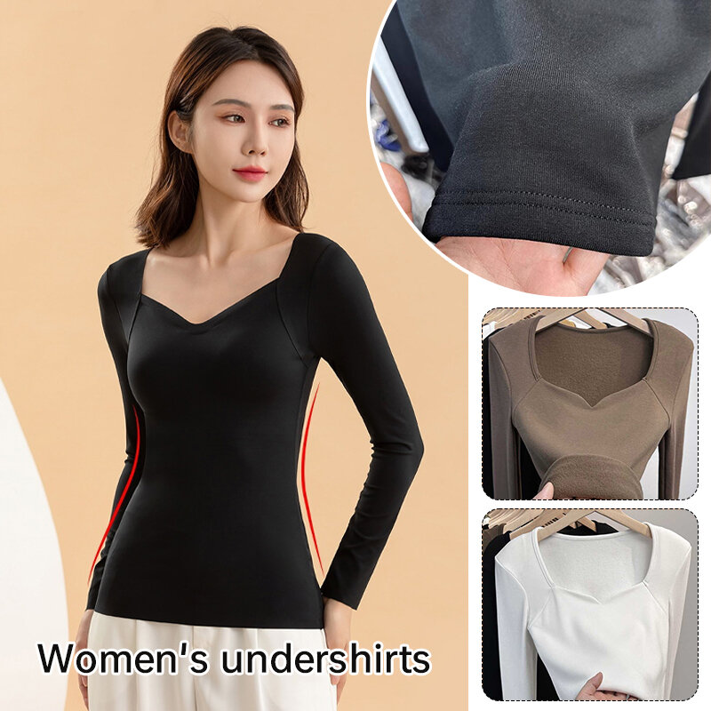Autumn Winter Women Bottoming Shirts Intimates Long Sleeve Underwear Lady Undershirt Square Neck Plus Velvet Thermal Tops