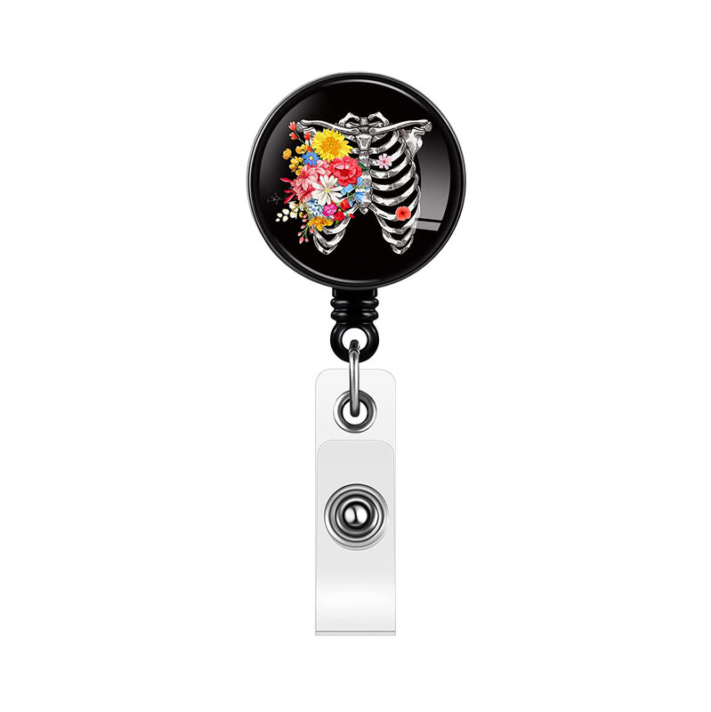 1pc Abs Glue Patch Floral Skull Badge Reel Clip Doctor Nurse Id Buckle Retractable Rotating Easy-To-Pull Crocodile Clip