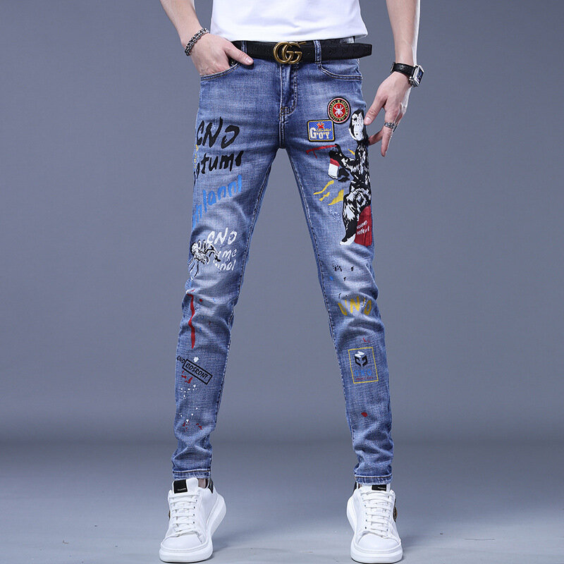 Jeans médio denim fino masculino, estilo coreano, letra impressa, calças de algodão, roupas de luxo, estilista, fino, primavera, outono, juventude