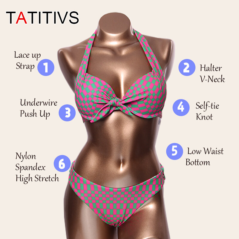 TATITIVS Grid Push Up Bikini Set for Women Halter Sexy Two Piece Swimsuit Brazilian Bathing Suits Self-tie Knot Swimwear Biquini