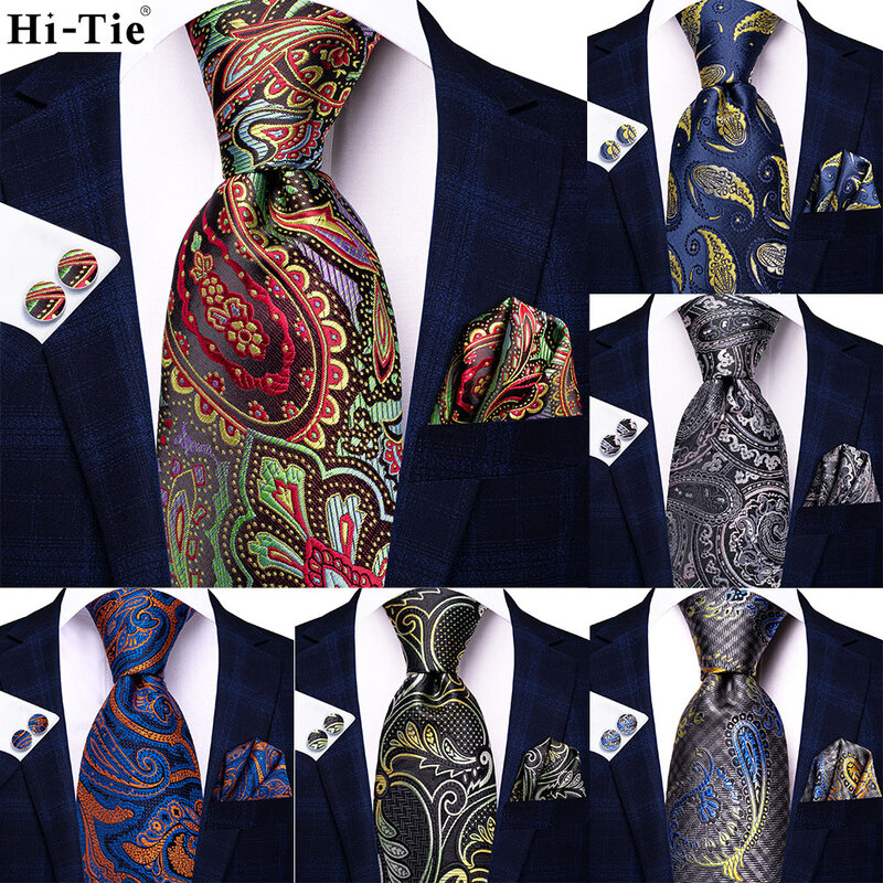 Hi-Tie Red Pureple Paisley Mens Ties Hanky Cufflinks Set Silk Necktie For Men Wedding Party Business 2022 New Fashion Brand