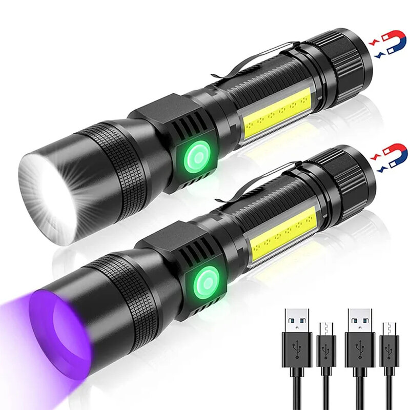 Luz UV e Lanterna de Luz Forte, USB Recarregável, Lanterna de Acampamento, Manchas de urina, Lâmpada LED Ultravioleta Preto