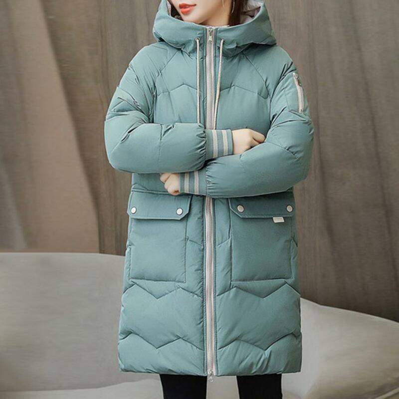 Women Winter Mid-length Down Cotton Jacket Hooded Stand Collar Cotton Coat Zipper Placket Windproof Casual Coat Outwear
