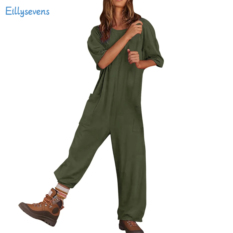 Women Jumpsuits Overalls Solid Color Shorts Sleeve Round Neck Bodysuits Fashion Loose Streetwear Casual Overalls Rompers
