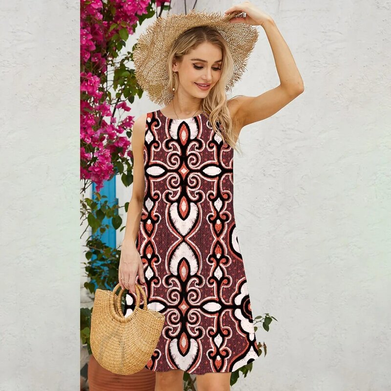Tribal Geometric Print Fashion Sleeveless Vest Dress Spring And Summer Resort Style Sleeveless Double Pocket Dress For Women