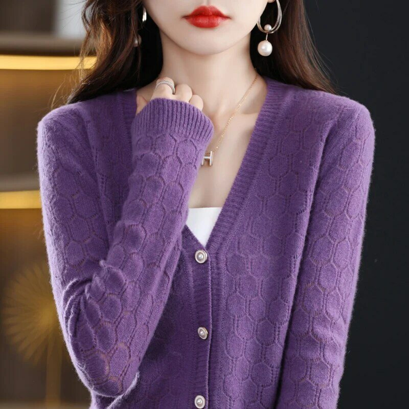 ZEHANGSEA100%Leisure women's knitted cardigan V-neck fashion hollow women's coat intellectual and beautiful new coat