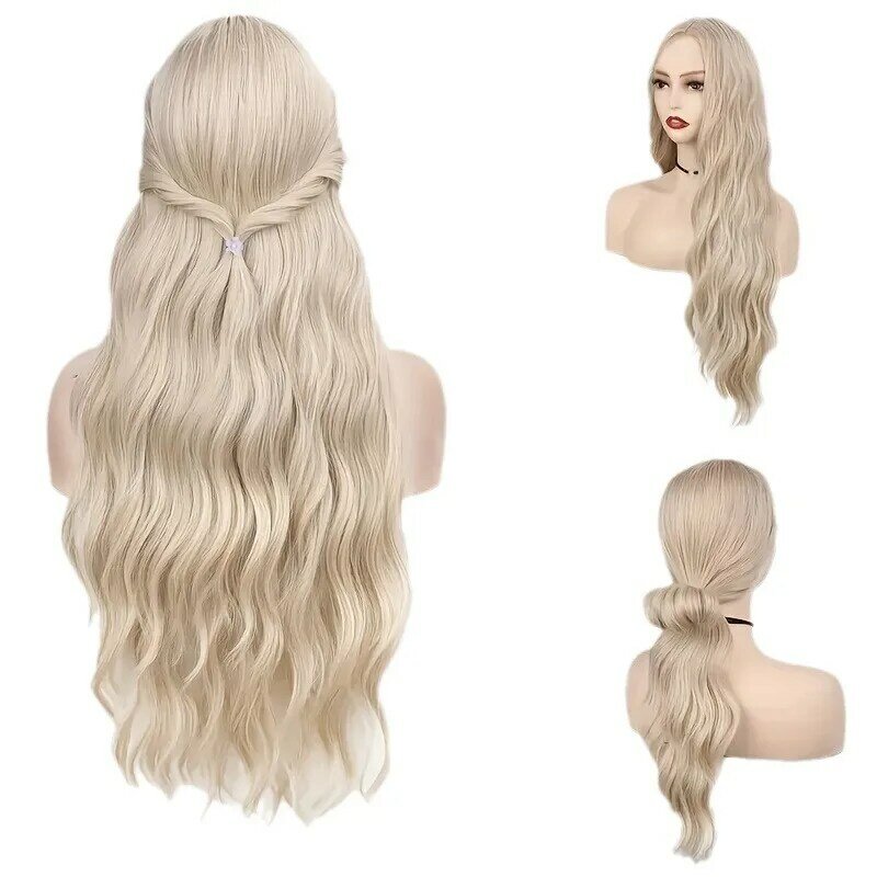 Wig wanita keriting panjang, rambut palsu sintetis serat kimia riak air, rambut pirang panjang, gelombang besar, baru