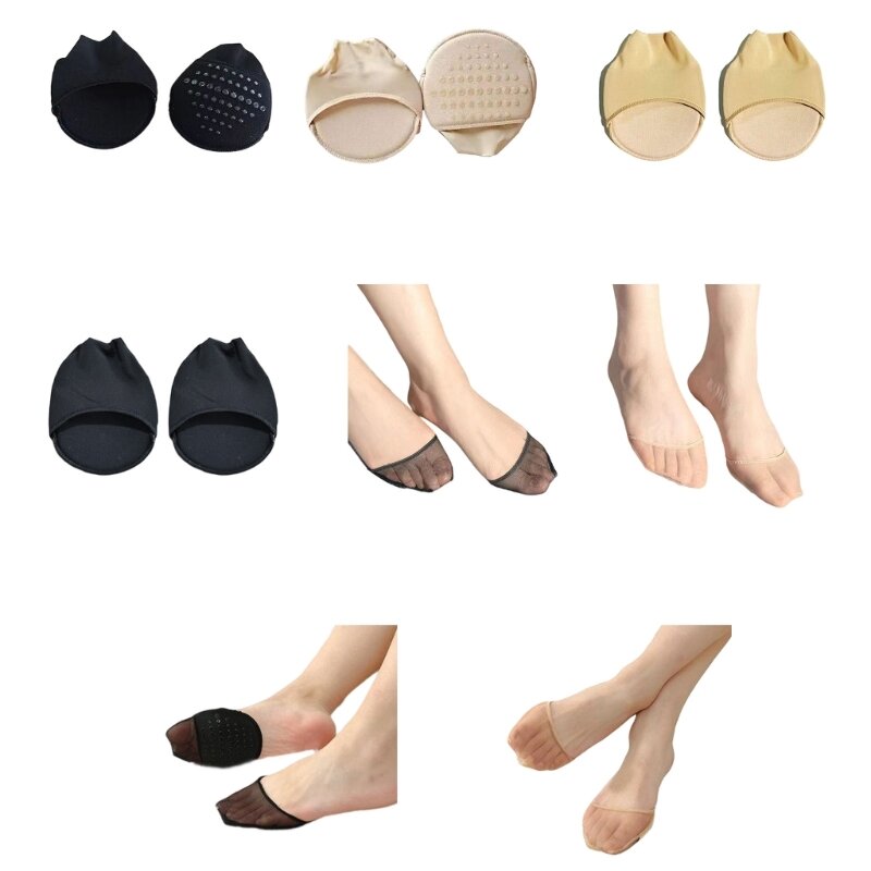 Q0KE 1 Pair Women Sheer Mesh Toe Cover with Padding Non-Skid Bottom Toe Liner Forefoot Pads Cushion Half Socks Insoles