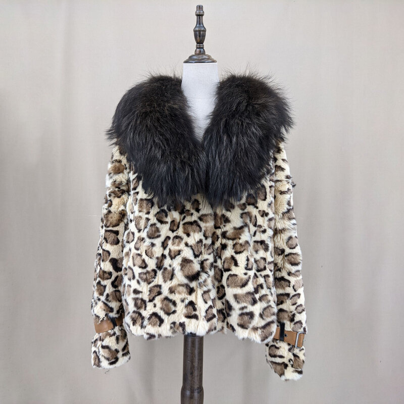 Natural Rex Rabbit Fur Jacket With Big Raccoon Fur Collar Brown Leopard Print  Women