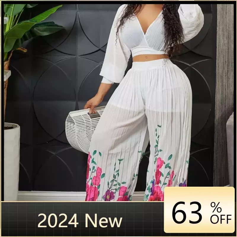 Summer African Women V-neck Printing Long Sleeve  Two Pieces Sets Top and Long Pant African Women Pleated Suit  Womens Outfits