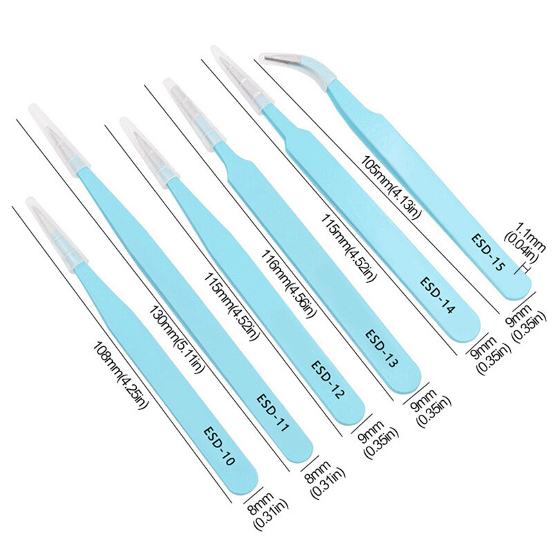 Stainless Steel ESD Multi-colored Tweezers Set, 6 Non-magnetic Precision Tweezers with Straight, Elbow, Flat and Pointed Tips