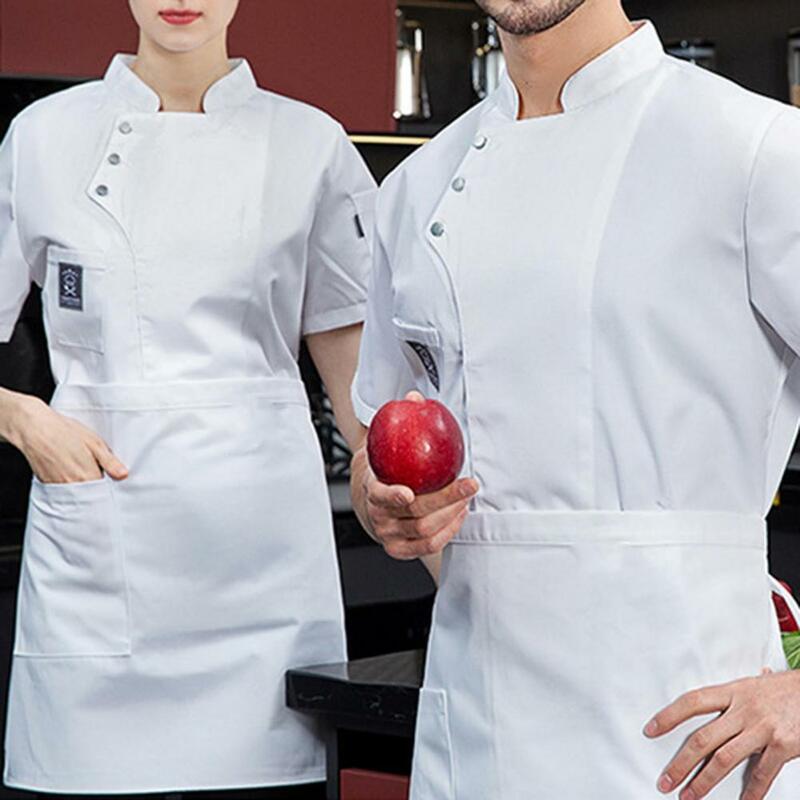 Uniforme de Chef de manga corta con hebilla de bolsillo Unisex, ropa de trabajo de Catering, panadería, restaurante, ropa de cocina, Color sólido