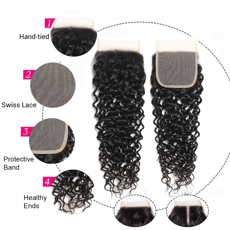 Isee-mechones de cabello humano rizado Remy brasileño sin procesar con cierre, cabello con encaje Frontal HD, extremo grueso, 12a, 3 uds.