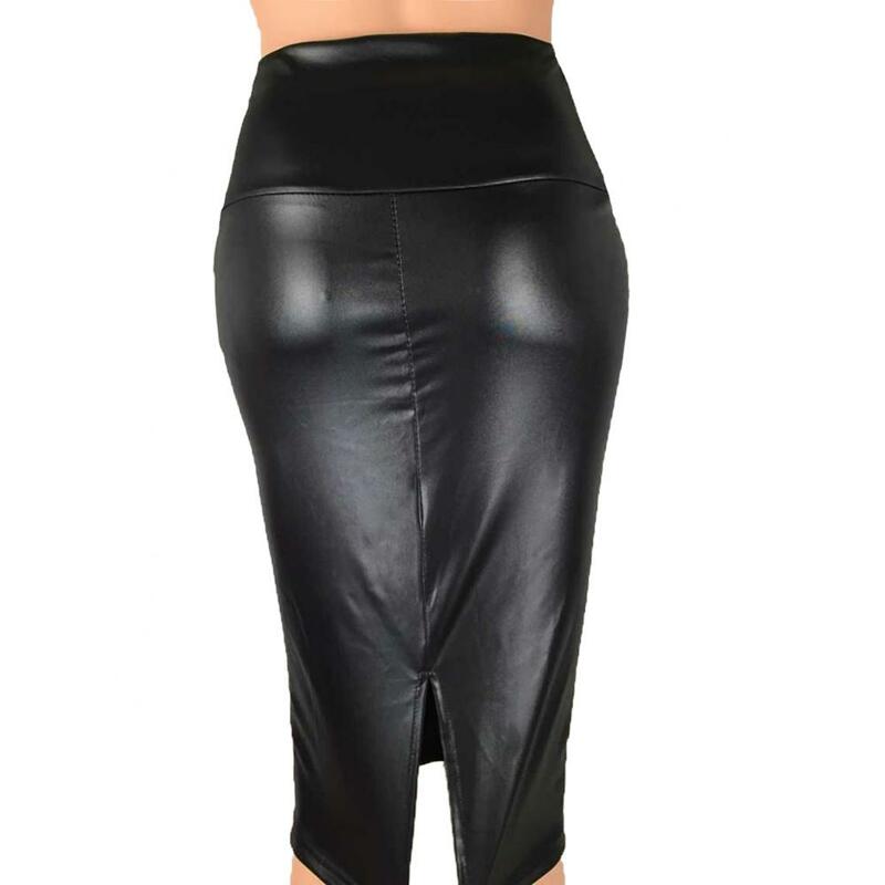 Fashion Women Skirt High Waist Split Faux Leather Knee Length Bodycon Sexy Pencil Skirt Female Clothing