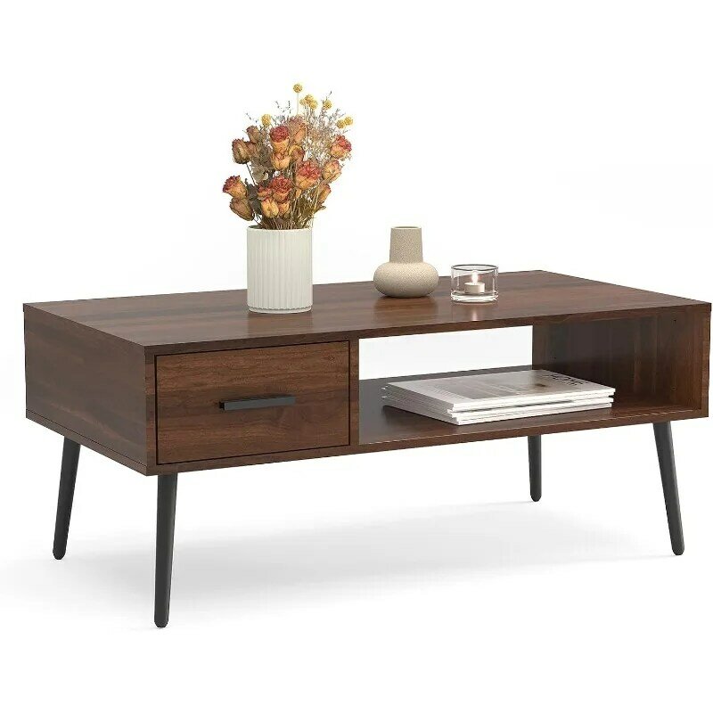 HAIOOU Coffee Table, Mid Century Modern Style Cocktail Table TV Stand with Drawer, Open Storage Shelf, for Home, Office