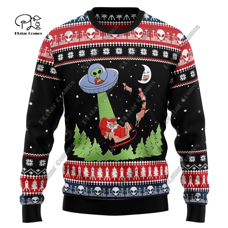 Suéter con estampado 3D de elementos navideños, suéter con patrón de árbol de Navidad, Papá Noel, arte feo, calle informal, S-11 de invierno