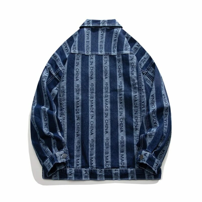 Autumn Spring Letter Striped Denim Jacket Blue Jacquard Wash Cotton Jaqueta Jean Loose Streetwear Chaqueta Hombre Masculina Coat