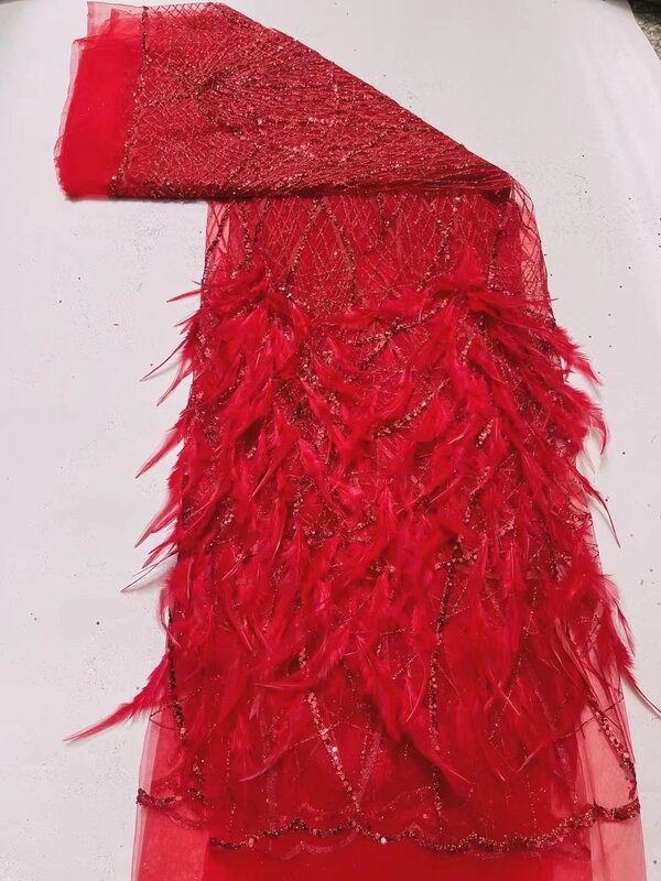 Tela de encaje de plumas 3D africanas para boda nigeriana, bordado de lentejuelas de alta calidad, tela nupcial con cuentas QF0512