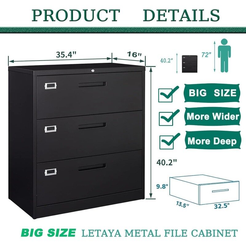 Letaya Lateral 3 Drawer File Cabinets with Lock, Metal Filing Storage Vertical Cabinets,Home Office Furniture