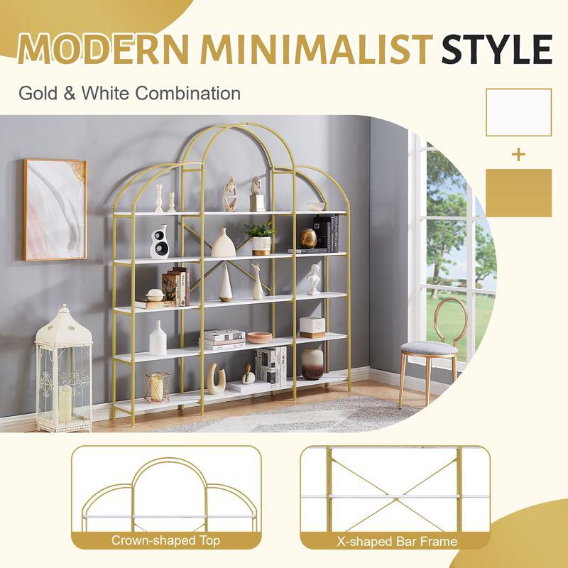 Toolyy Storage Holders R 5 Tiers Office Bookcase Bookshelf, Display Shelf with Round Top, X Bar Gold Frame Organiser