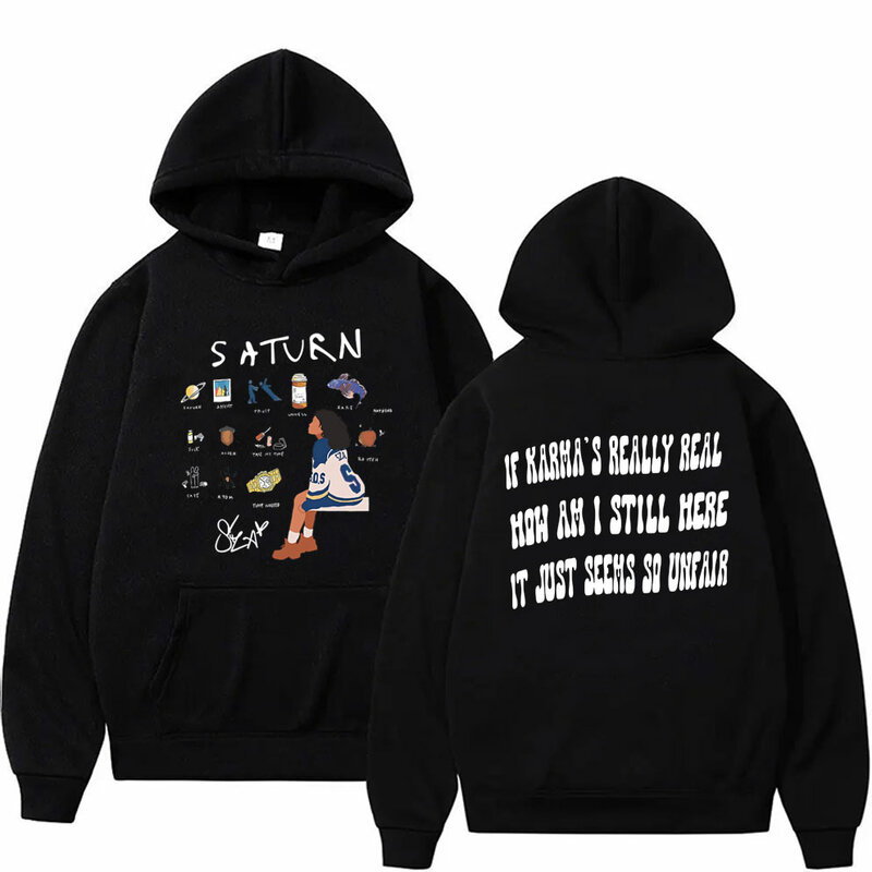 Rapper SZA 2024 New Album Saturn Double Sided Graphic Hoodie Men Women Hip Hop Vintage Streetwear Male Casual Cotton Pullover