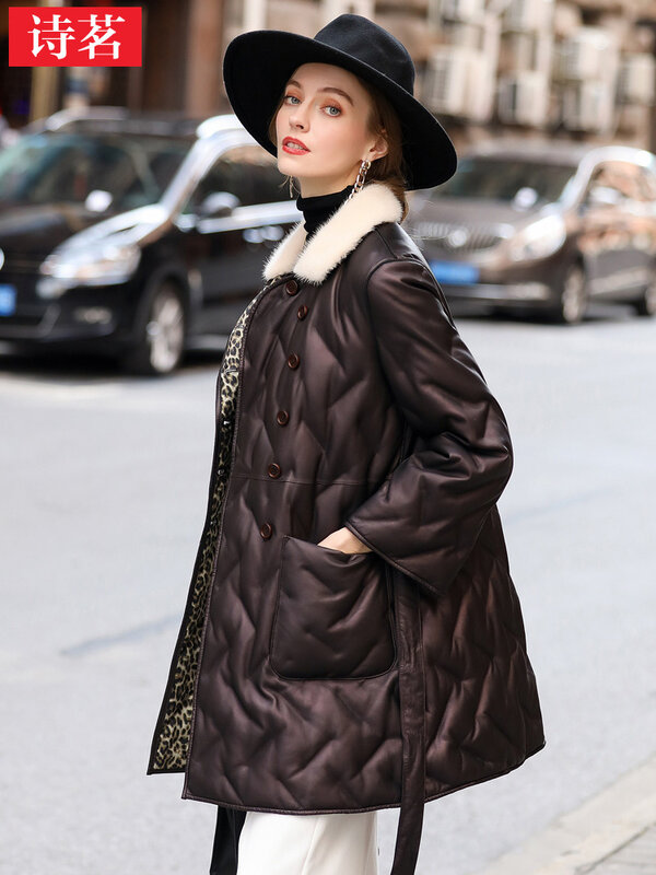 Casaco de pele de carneiro Haining de couro genuíno feminino, casaco de comprimento médio, gola de vison slim fit, novo, inverno, 2023