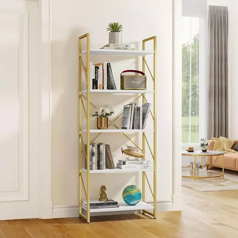 Estantes de almacenamiento para sala de estar/hogar/oficina, estantería de libros moderna, 5 niveles, mueble dorado