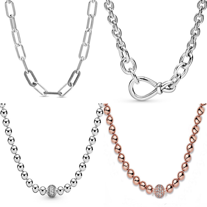 Real Me Link Snake Chain masywny węzeł nieskończoność różowe koraliki rozsuwany naszyjnik ze srebra 925 szterlingów do modnej biżuterii
