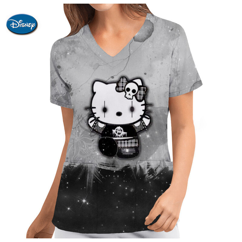 Ubrania robocze tunika damska bluzka Hello Kitty Print medyczna kieszonkowy strój damski bluzka do karmienia piersią strój pielęgniarki