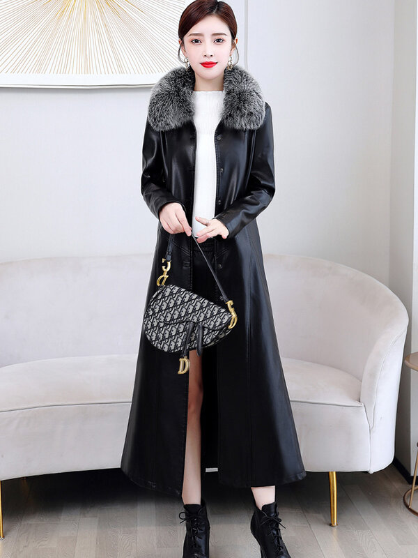사이즈 M-7XL 새로운 여성 가죽 코트 2023년 가을 겨울 패션 폭스 모피 칼라 플러스 코튼 라이너 두꺼운 긴 슬림 가죽 재킷