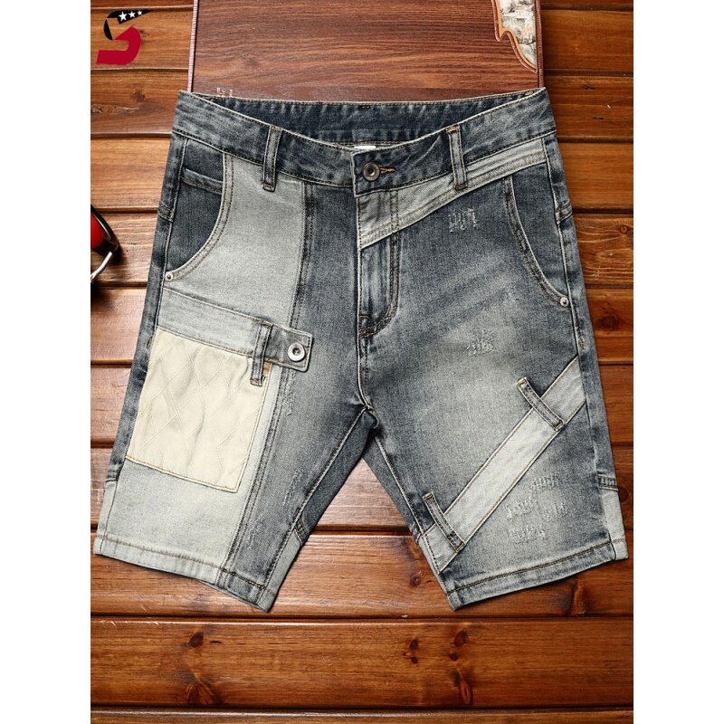 High-End-Lokomotive-Jeans shorts für men2024summer Fashion Personality Stitching Design Casual Stretch Retro kurze Hosen