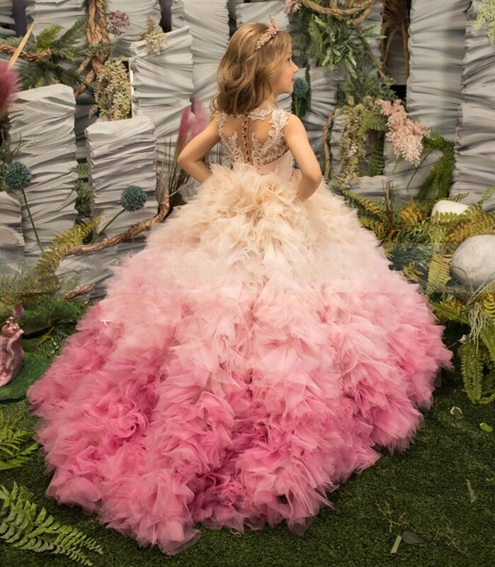 Vestido de princesa rosa para niña, vestidos de flores hinchadas de encaje, manga, vestido de cumpleaños para niña linda, vestido de fiesta de boda para bebé