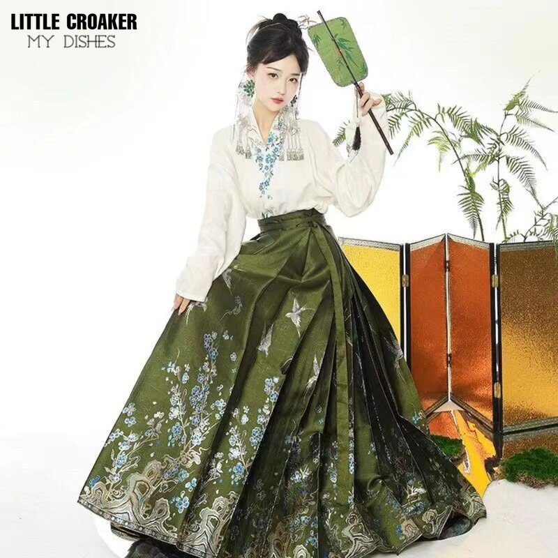 Falda plisada con cara de caballo para mujer, ropa de calle, chaleco, traje Hanfu, estilo Chino, Tradicional, diario, XL