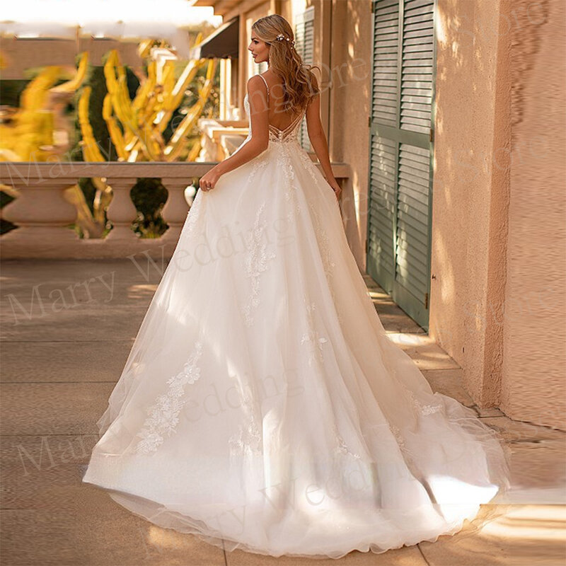 2024 Elegant Beautiful A Line Women's Wedding Dresses Sexy Spaghetti Straps Lace Appliques Bride Gowns Sleeveless Robe De Mariée