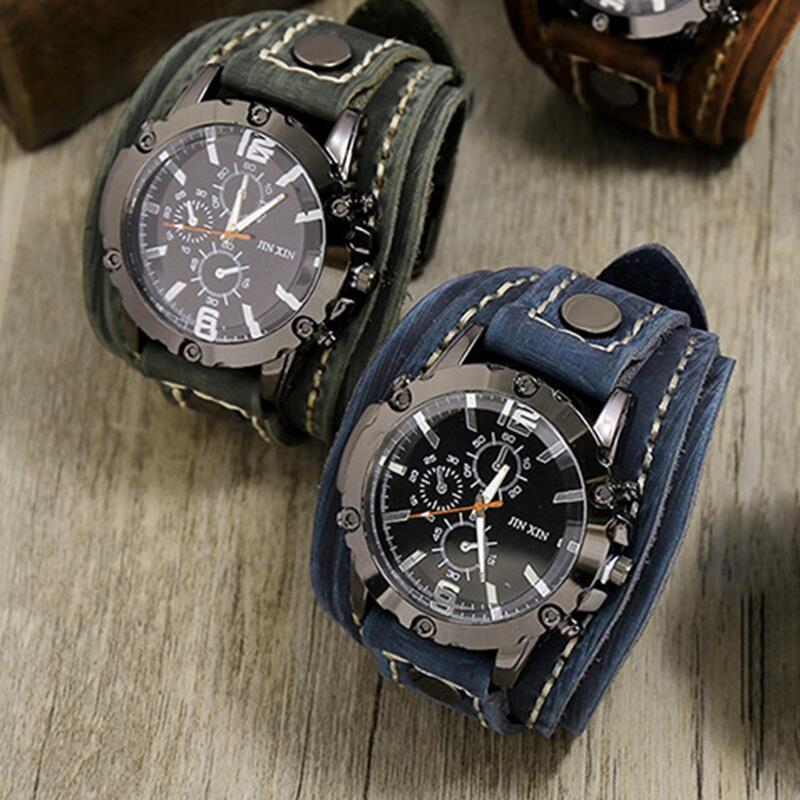Relógio de pulso de quartzo estilo punk masculino pulseira de couro, pulseiras largas de couro PU, relógios de luxo, 2023