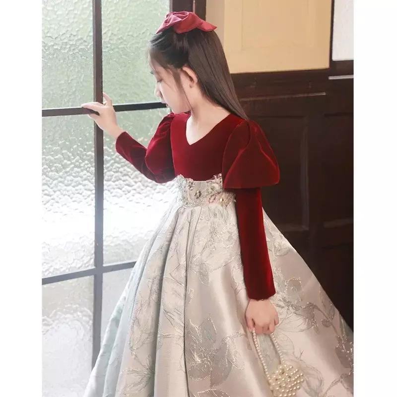 Girls' Piano Performance 2024 Spring New Walk Show Long sleeved Red Escape Princess Series Children's Dress