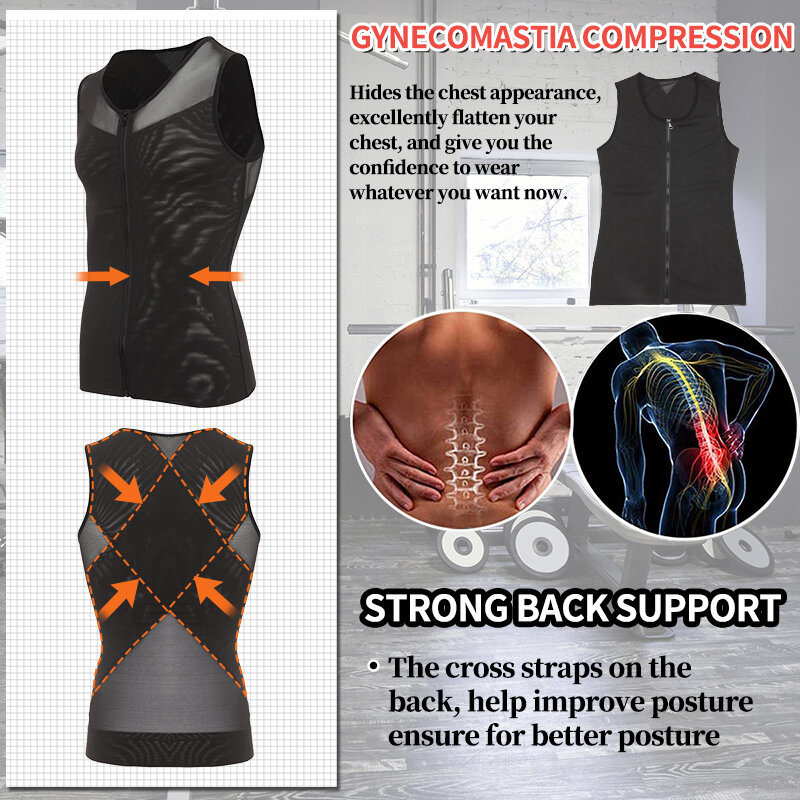 Mens Chest Compression Shirt Gynecomastia Vest Slimming Shirt Body Shaper Tank Top Front Zipper Corset For Man Shapewear