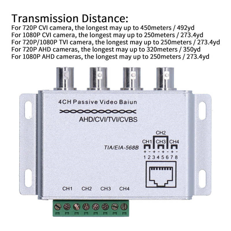 Transceptor pasivo de 4 canales, adaptador de vídeo Balun, transmisor BNC a UTP Cat5/5e/6, Cable 720P 1080P, CVI/TVI/AHD HD