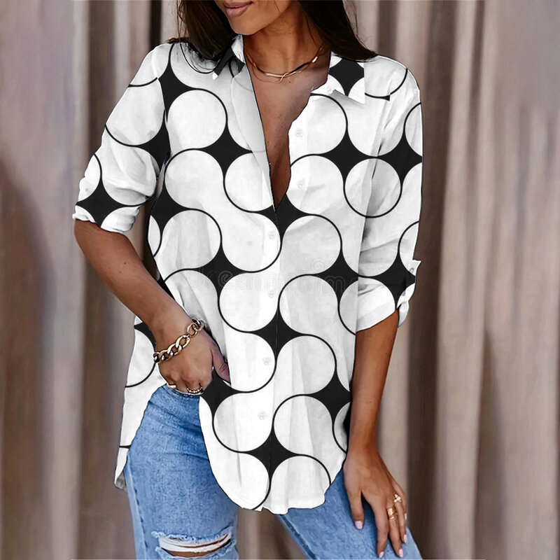 Модная Повседневная Уличная рубашка с пуговицами, элегантный и удобный Свободный Топ с длинным рукавом, женская рубашка с разноцветным геометрическим принтом