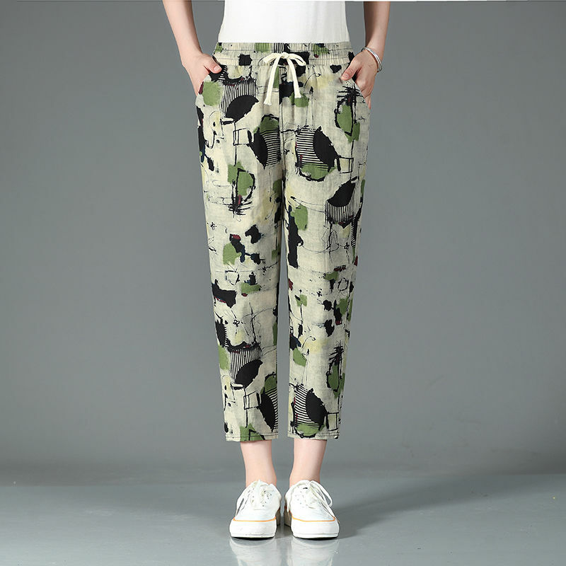 Шаровары женские с принтом, удобные винтажные свободные брюки до щиколотки, с поясом на резинке, с прямыми карманами, лето 2024