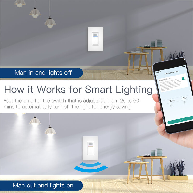 Tuya – interrupteur de lumière intelligent avec capteur de mouvement WiFi PIR, fil neutre américain à pôle unique requis, Smart Life fonctionne avec Alexa/Google Assistant