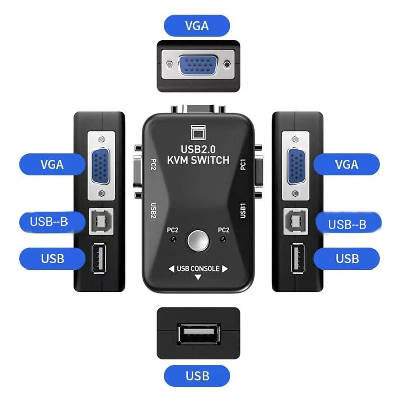 USB 2.0 KVM Switch, USB-B, VGA, SVGA, Selector, Box para 2 Computadores, Share, Um Monitor, Mouse, Teclado, Impressora, Scanner, 2 Portas