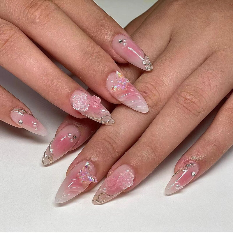 24Pcs 3D Almond False Nails Flower with French Design Wearable Fake Nails Ripples Decoration Full Cover Press on Nail Tips Art