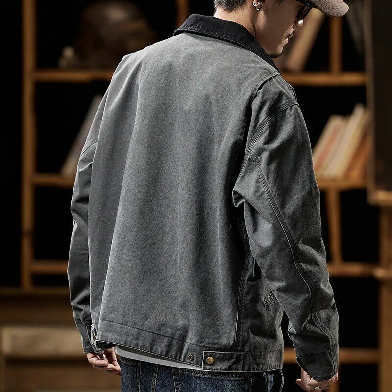 Jaqueta de lona velha lavada Detroit masculina, streetwear japonesa, estilo feltro, moda coreana, Harajuku, outono, inverno, 2024