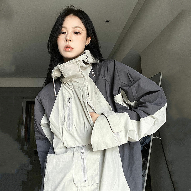 HOUZHOU 여성용 빈티지 야외 재킷, Y2k 스트리트웨어, 방수 오버사이즈 후드, 하라주쿠 바람막이 코트, 한국 패션, 가을