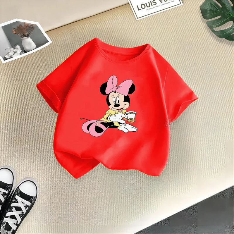 Disney tureand-T-shirt en coton imprimé Minnie pour garçons et filles, haut mignon pour bébé, col rond décontracté, manches courtes